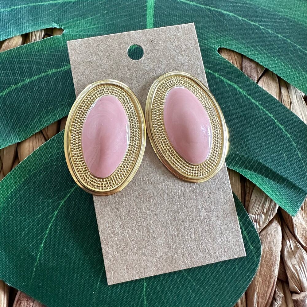 BOGO FREE Vintage Gold Tone Oval Pink Cabochon Statement Earrings